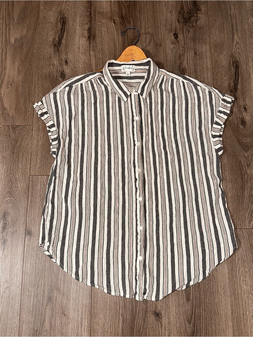 COTTON Black and White Striped Button-Down Gauze Textured Shirt